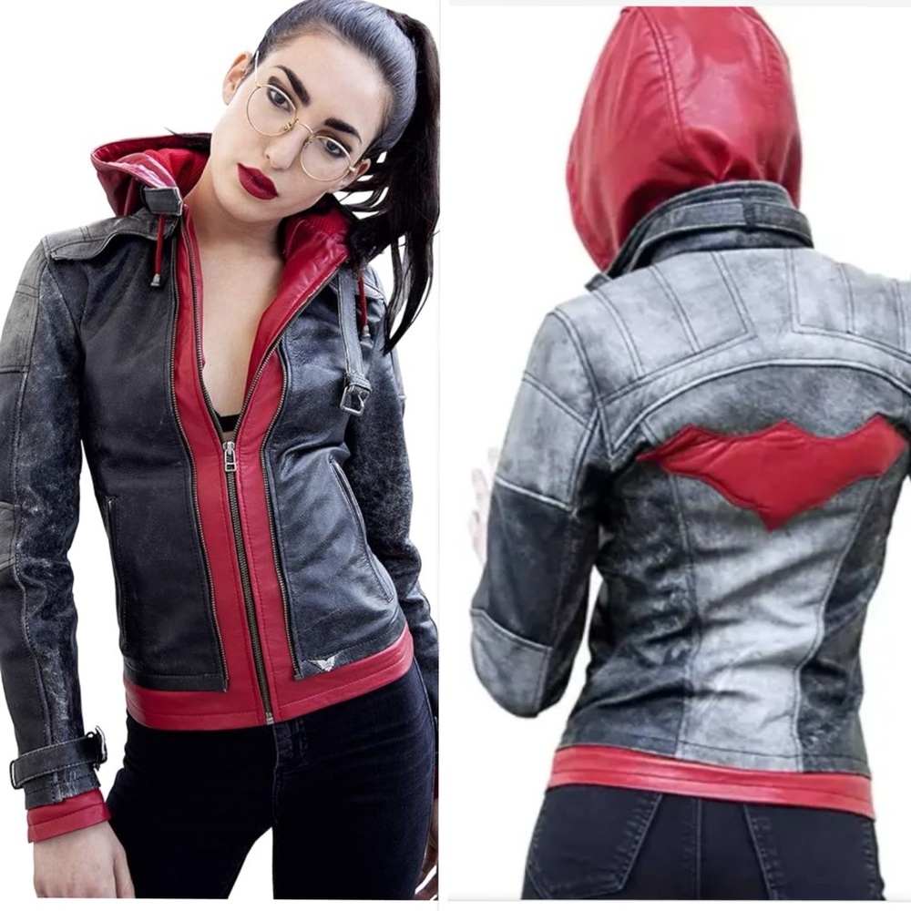 NWT Luca Designs Womens Red Hooded Real Leather Jacket Size L